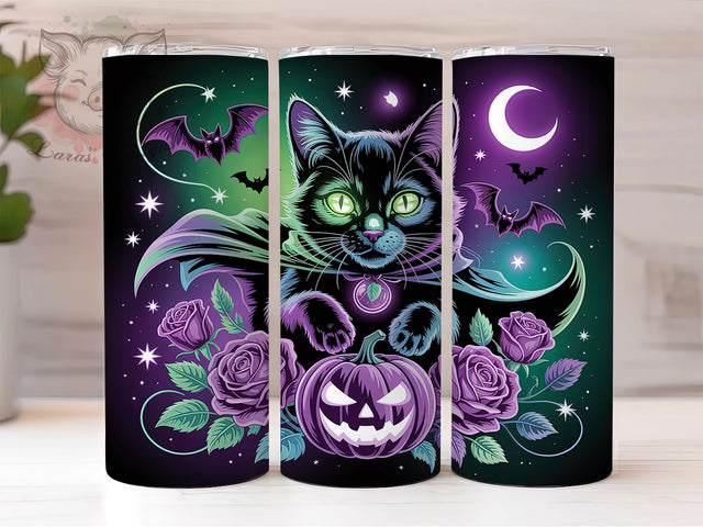 Neon Black Cat Spooky Halloween Tumbler, Halloween Cat Mug, Spooky Season Drinkware, 20Oz Tumbler Wrap, Sublimation Design, Glow In The Dark Style, Retro Neon Print Sublimation Lara' s Designs 