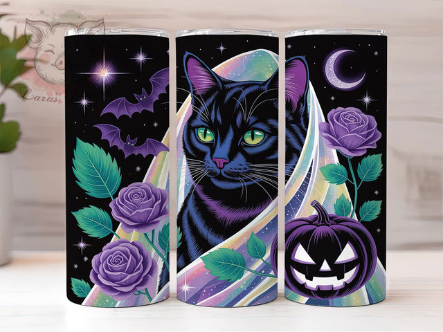 Neon Black Cat Spooky Halloween Tumbler, Halloween Cat Mug, Spooky Season Drinkware, 20Oz Tumbler Wrap, Sublimation Design, Glow In The Dark Style, Retro Neon Print Sublimation Lara' s Designs 