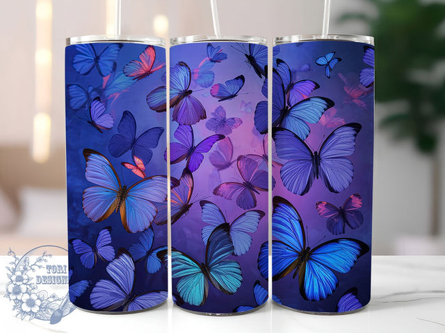 Neon Blue Glitter Butterfly Tumbler, Vibrant Blue, Pastel Colors, Sparkle Glitter, Spring Theme, 20Oz Tumbler, Sublimation Wrap Sublimation ToriDesigns 