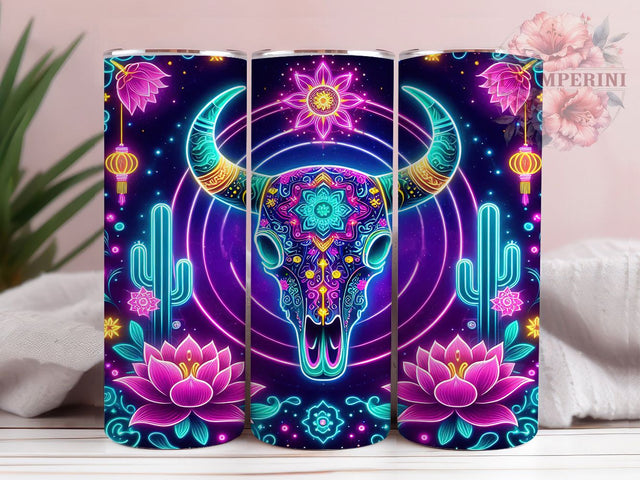 Neon Boho Longhorn Skull Western Tumbler, Longhorn Skull Wrap, Southwestern Floral Design, 20Oz Tumbler Sublimation, Cow Skull Drinkware, Desert Boho Cup, Western Style Mug Sublimation Li Zamperini 