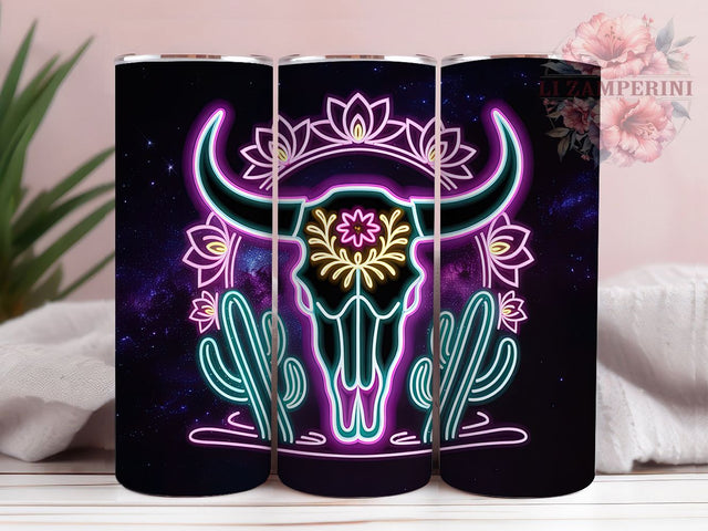Neon Boho Longhorn Skull Western Tumbler, Longhorn Skull Wrap, Southwestern Floral Design, 20Oz Tumbler Sublimation, Cow Skull Drinkware, Desert Boho Cup, Western Style Mug Sublimation Li Zamperini 