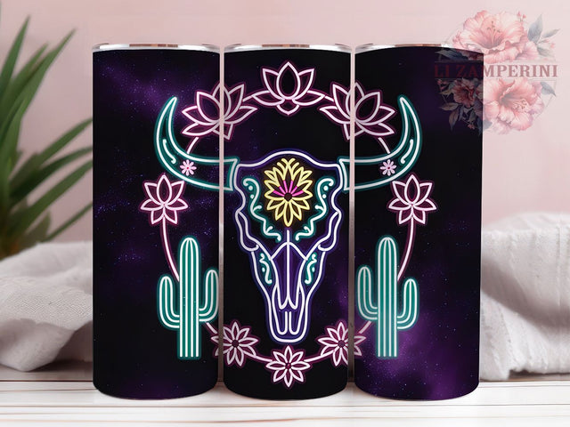 Neon Boho Longhorn Skull Western Tumbler, Longhorn Skull Wrap, Southwestern Floral Design, 20Oz Tumbler Sublimation, Cow Skull Drinkware, Desert Boho Cup, Western Style Mug Sublimation Li Zamperini 