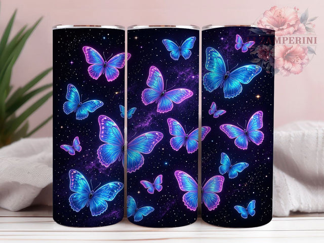 Neon Butterfly Cosmic Night 20oz Tumbler, Neon Butterfly, Cosmic Night, 20oz Wrap, Fantasy Art, Mystical Butterfly, Sublimation Tumbler, Galaxy Style Sublimation Li Zamperini 