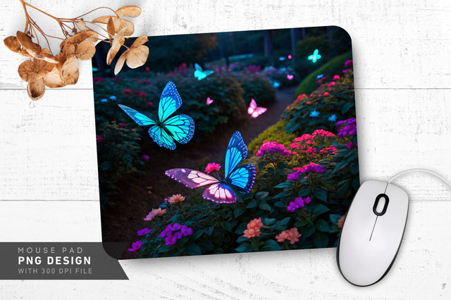 Neon Butterfly Garden Mouse Pad PNG Design Sublimation Regulrcrative 