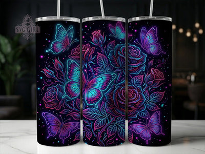 Neon Butterfly Roses 20oz Tumbler, Neon Butterfly Roses, Butterfly Roses, Neon Butterfly, Butterfly Tumbler, Neon Tumbler, Butterfly Wrap PNG, 20oz Tumbler Wrap Sublimation SvggirlplusArt 