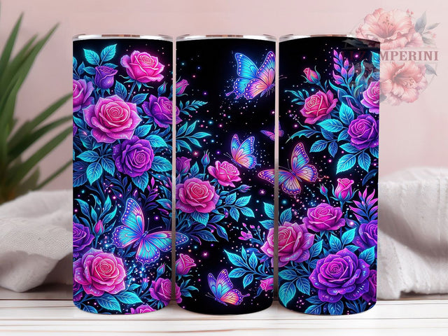 Neon Butterfly Roses 20oz Tumbler, Neon Butterfly Roses, Butterfly Roses, Neon Butterfly, Butterfly Tumbler, Neon Tumbler, Roses Tumbler Wrap, Butterfly Wrap PNG Sublimation Li Zamperini 