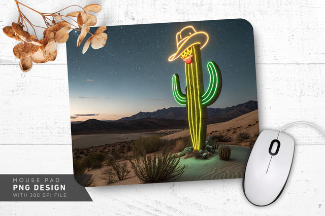 Neon Cactus Cowboy Hat in Desert Night Mouse Pad PNG Design Sublimation Regulrcrative 