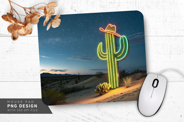 Neon Cactus Cowboy Hat in Desert Night Mouse Pad PNG Design Sublimation Regulrcrative 