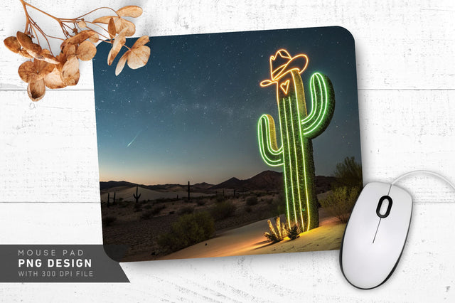 Neon Cactus Cowboy Hat in Desert Night Mouse Pad PNG Design Sublimation Regulrcrative 