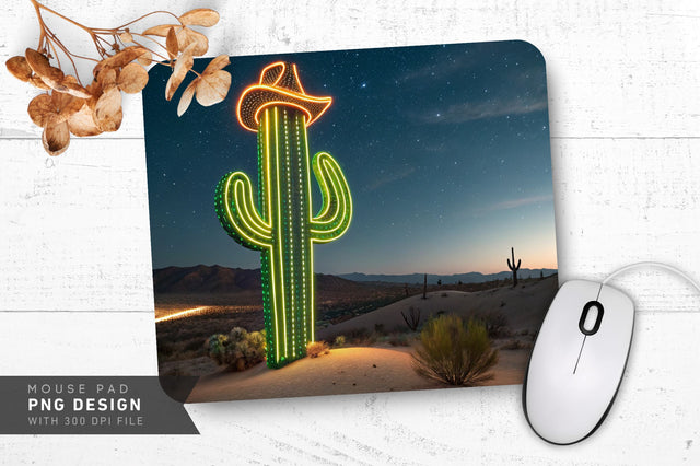 Neon Cactus Cowboy Hat in Desert Night Mouse Pad PNG Design Sublimation Regulrcrative 