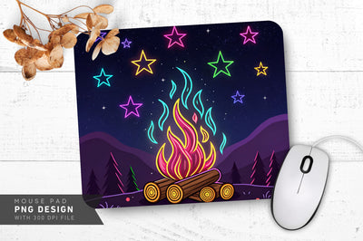 Neon Campfire with Glowing Flames and Stars Mouse Pad PNG Design Sublimation Regulrcrative 