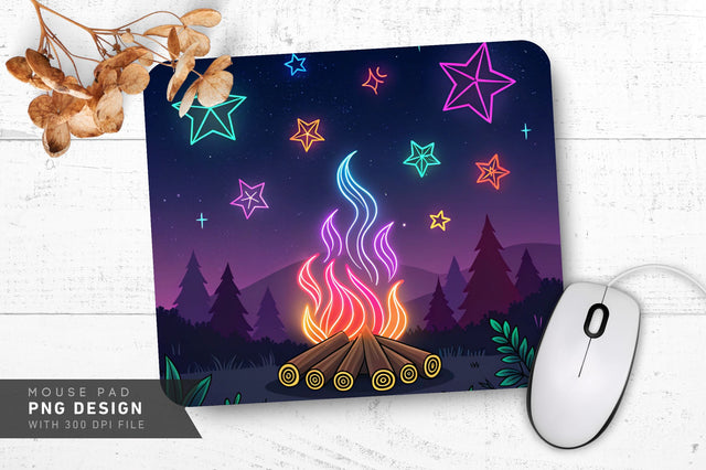 Neon Campfire with Glowing Flames and Stars Mouse Pad PNG Design Sublimation Regulrcrative 