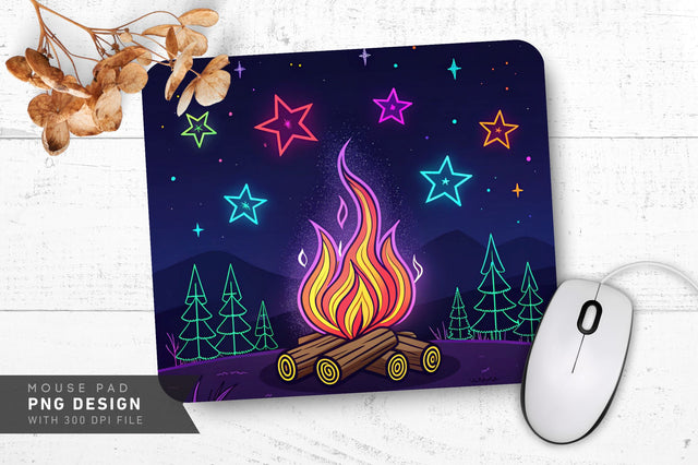 Neon Campfire with Glowing Flames and Stars Mouse Pad PNG Design Sublimation Regulrcrative 
