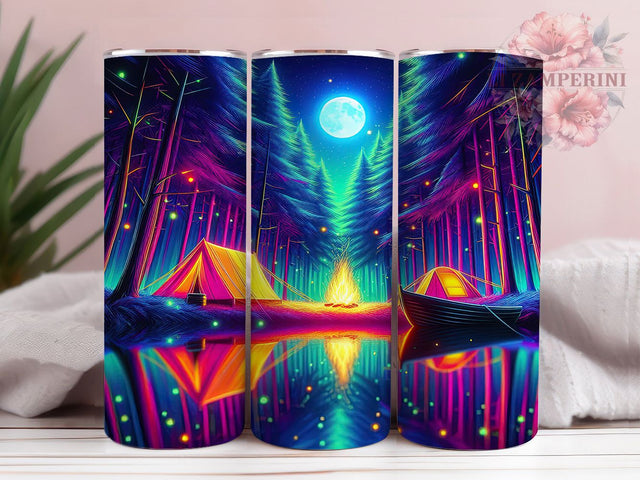 Neon Camping Glow Forest Tumbler, Glow Forest Wrap, 20oz Tumbler Sublimation, Retro Adventure Art, Nighttime Wilderness Design, Colorful Tent Aesthetic, Outdoors Explorer Sublimation Li Zamperini 