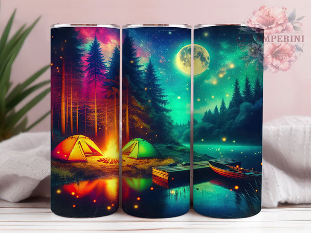 Neon Camping Glow Forest Tumbler, Glow Forest Wrap, 20oz Tumbler Sublimation, Retro Adventure Art, Nighttime Wilderness Design, Colorful Tent Aesthetic, Outdoors Explorer Sublimation Li Zamperini 