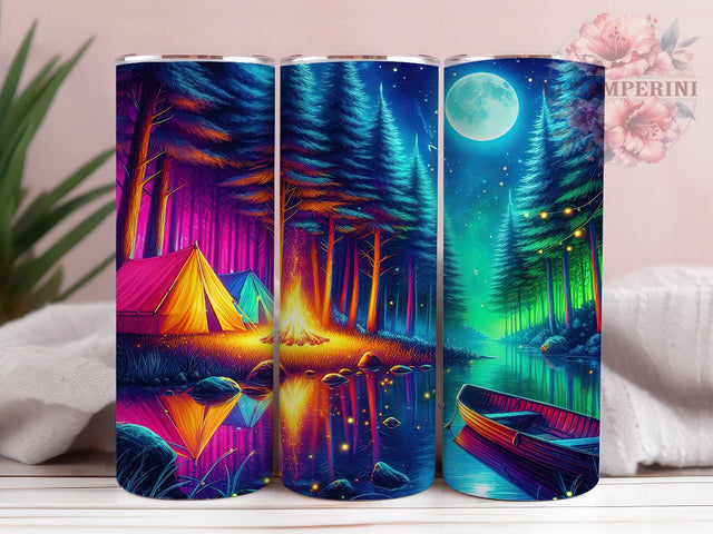 Neon Camping Glow Forest Tumbler, Glow Forest Wrap, 20oz Tumbler Sublimation, Retro Adventure Art, Nighttime Wilderness Design, Colorful Tent Aesthetic, Outdoors Explorer Sublimation Li Zamperini 