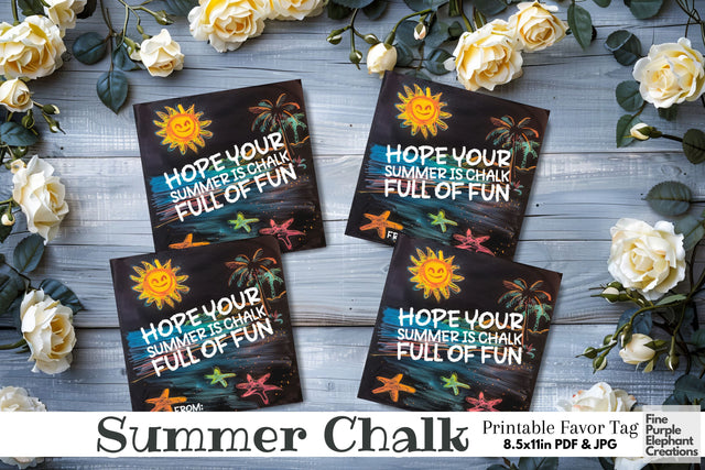 Neon Chalk Black Board Printable Favor Tag Label - End School Year Summer Vacation Digital Pattern Fine Purple Elephant Creations 