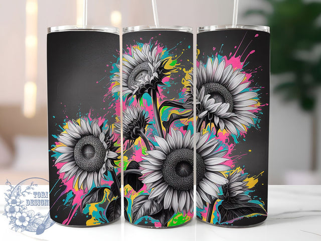 Neon Charcoal Sunflower 20oz Tumbler, Charcoal Drawing Cup Wrap, Artistic Sunflower Design, Sublimation Tumbler Wrap, 20Oz Tumbler Design, Elegant Charcoal Cup, Stylish Neon Floral Wrap Sublimation ToriDesigns 