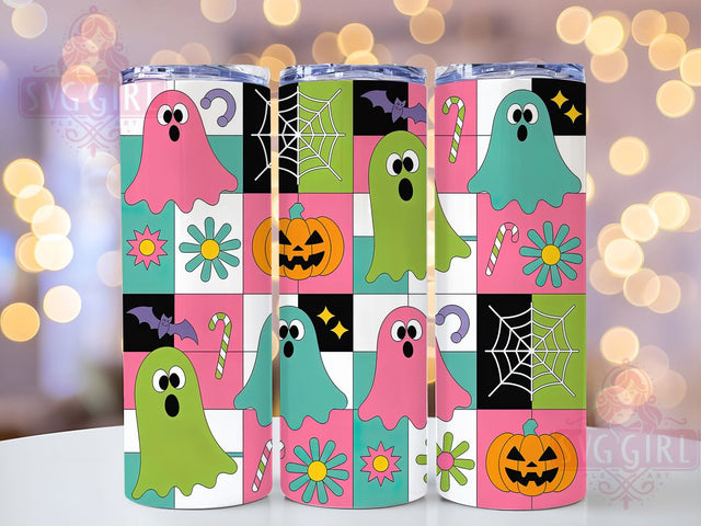 Neon Checkered Retro Halloween Ghost Tumbler, Retro Halloween Wrap, Glowing Ghost Cup, Kawaii Spooky Design, 20Oz Sublimation Wrap, Funky Halloween Drinkware, Electric Ghost Tumbler Sublimation SvggirlplusArt 