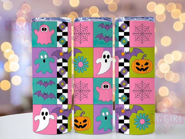 Neon Checkered Retro Halloween Ghost Tumbler, Retro Halloween Wrap, Glowing Ghost Cup, Kawaii Spooky Design, 20Oz Sublimation Wrap, Funky Halloween Drinkware, Electric Ghost Tumbler Sublimation SvggirlplusArt 