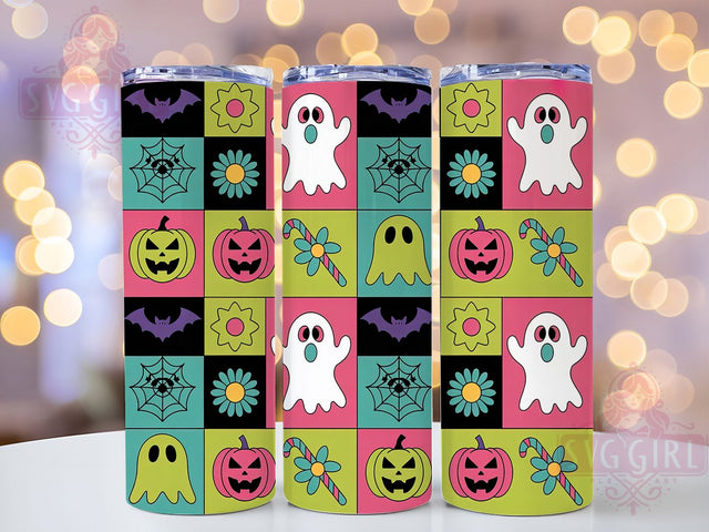 Neon Checkered Retro Halloween Ghost Tumbler, Retro Halloween Wrap, Glowing Ghost Cup, Kawaii Spooky Design, 20Oz Sublimation Wrap, Funky Halloween Drinkware, Electric Ghost Tumbler Sublimation SvggirlplusArt 
