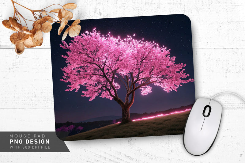 Neon Cherry Blossom Tree with Glowing Pink Petals Mouse Pad Design - So ...