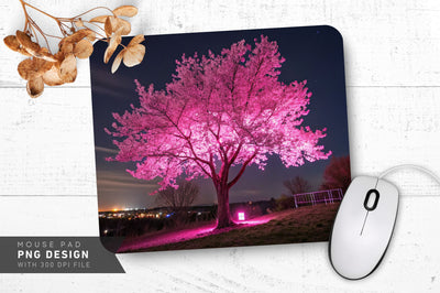 Neon Cherry Blossom Tree with Glowing Pink Petals Mouse Pad Design Sublimation Regulrcrative 