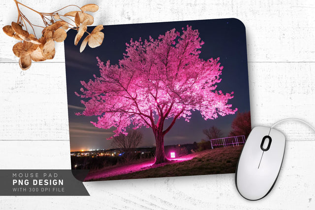 Neon Cherry Blossom Tree with Glowing Pink Petals Mouse Pad Design Sublimation Regulrcrative 