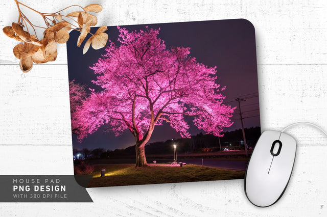 Neon Cherry Blossom Tree with Glowing Pink Petals Mouse Pad Design Sublimation Regulrcrative 