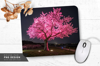 Neon Cherry Blossom Tree with Glowing Pink Petals Mouse Pad Design Sublimation Regulrcrative 