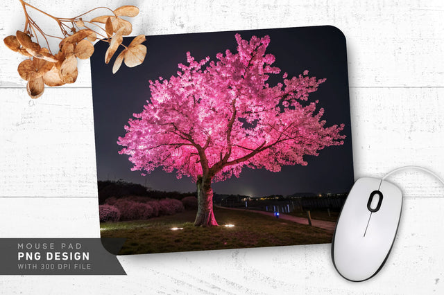 Neon Cherry Blossom Tree with Glowing Pink Petals Mouse Pad Design Sublimation Regulrcrative 