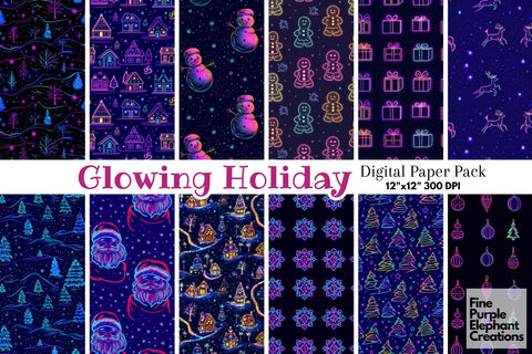 Neon Christmas Digital Paper | Florescent Psychedelic Blacklight Sublimation Digital Pattern Fine Purple Elephant Creations 