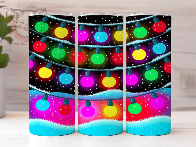 Neon Christmas Lights Tumbler, Colorful Holiday Wrap, Bright Festive Design, Sublimation Cup, 20oz Skinny Tumbler, Glowing Christmas Drinkware, Neon Lights Style Sublimation Lara' s Designs 