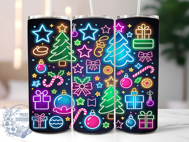Neon Christmas Tree Tumbler, Colorful Sparkling Trees, Seamless Christmas Pattern, 20Oz Sublimation Wrap, Bright Neon Holiday Art, Festive Tree Texture, Tumbler Sublimation Sublimation ToriDesigns 