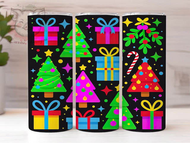 Neon Christmas Trees Tumbler, Colorful Sparkling Wrap, Seamless Holiday Design, Sublimation Cup, 20oz Skinny Tumbler, Bright Festive Drinkware, Neon Tree Style Sublimation Lara' s Designs 