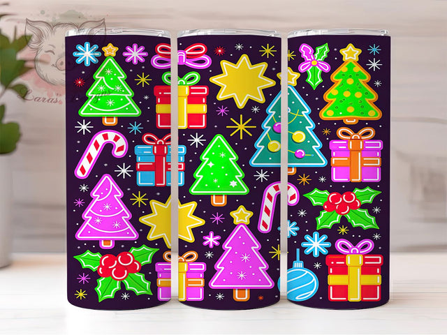 Neon Christmas Trees Tumbler, Colorful Sparkling Wrap, Seamless Holiday Design, Sublimation Cup, 20oz Skinny Tumbler, Bright Festive Drinkware, Neon Tree Style Sublimation Lara' s Designs 