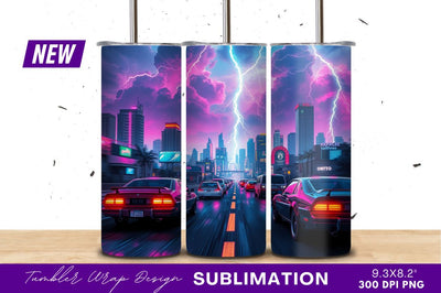 Neon Cityscape Cars Thunderstorm Tumbler Png Sublimation Regulrcrative 