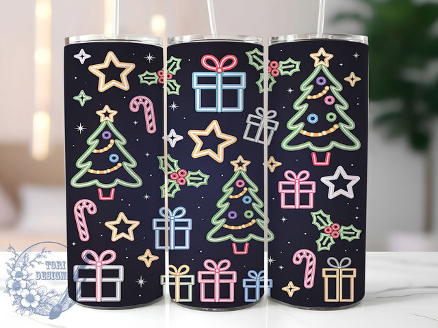 Neon Colorful Christmas Tree Tumbler, Colorful Holiday Wrap, Sparkling Tree Sublimation Design, Bright Christmas Cup, 20Oz Skinny Tumbler Wrap, Festive Neon Mug, Vibrant Holiday Design Sublimation ToriDesigns 
