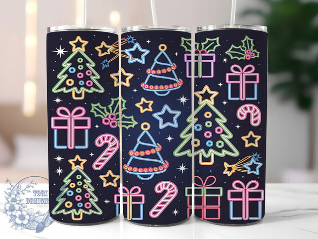 Neon Colorful Christmas Tree Tumbler, Colorful Holiday Wrap, Sparkling Tree Sublimation Design, Bright Christmas Cup, 20Oz Skinny Tumbler Wrap, Festive Neon Mug, Vibrant Holiday Design Sublimation ToriDesigns 