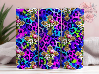 Neon Cross Floral Leopard 20oz Tumbler, Cross Design, Neon Motif, Floral Theme, Leopard Print, Bold Aesthetic, 20oz Wrap, Sublimation Tumbler Sublimation Li Zamperini 