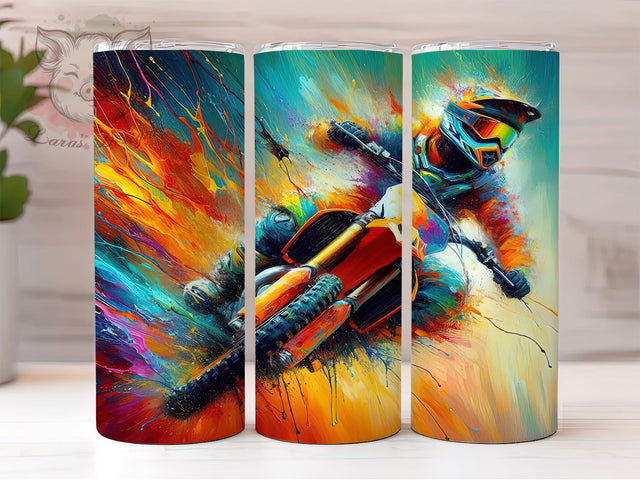 Neon Dirtbike Racing Tumbler, Dirtbike Neon Tumbler, 20oz Racing Tumbler, Neon Rainbow Wrap, Dirtbike Design, Racing Enthusiast Tumbler, Vibrant Motorcycle Tumbler Sublimation Lara' s Designs 