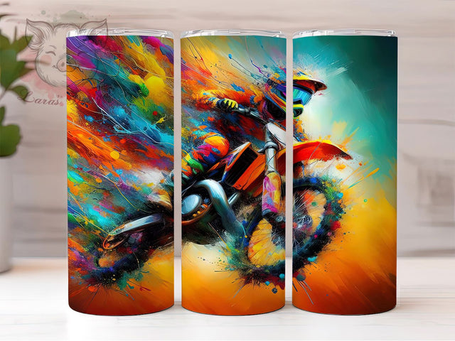Neon Dirtbike Racing Tumbler, Dirtbike Neon Tumbler, 20oz Racing Tumbler, Neon Rainbow Wrap, Dirtbike Design, Racing Enthusiast Tumbler, Vibrant Motorcycle Tumbler Sublimation Lara' s Designs 