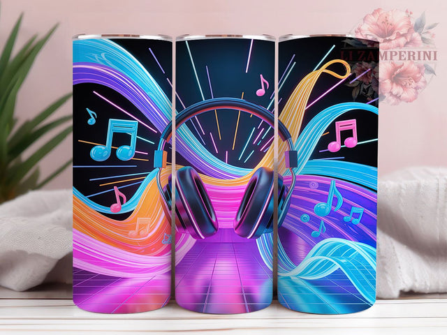 Neon DJ Music Headphones Tumbler, Music Note Pattern, DJ Headphones Design, 20Oz Sublimation Wrap, Neon Music Art, Electric Sound Texture, Tumbler Sublimation Sublimation Li Zamperini 