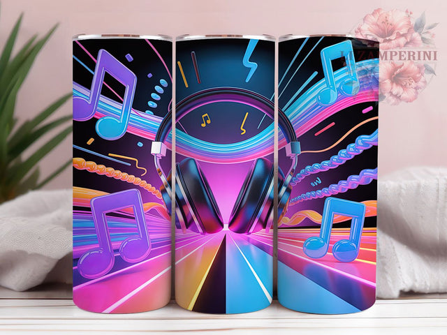 Neon DJ Music Headphones Tumbler, Music Note Pattern, DJ Headphones Design, 20Oz Sublimation Wrap, Neon Music Art, Electric Sound Texture, Tumbler Sublimation Sublimation Li Zamperini 
