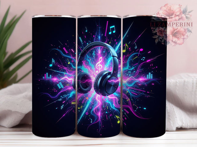 Neon DJ Music Headphones Tumbler, Music Note Pattern, DJ Headphones Design, 20Oz Sublimation Wrap, Neon Music Art, Electric Sound Texture, Tumbler Sublimation Sublimation Li Zamperini 