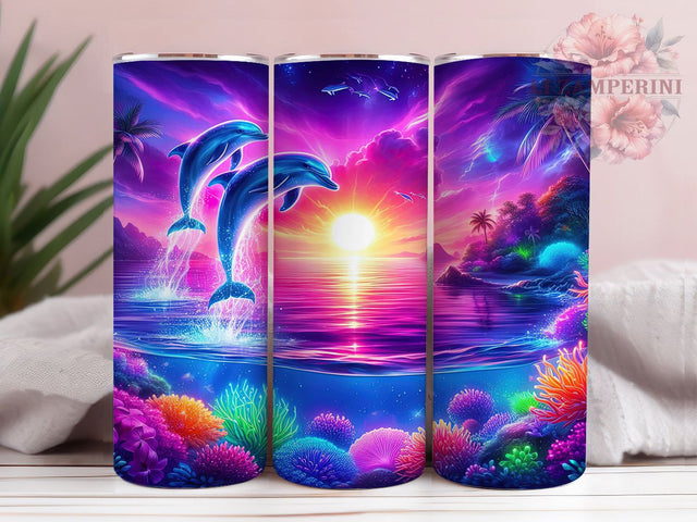 Neon Dolphin 20oz Tumbler Wrap, Ocean Glow Design, Vibrant Marine Life Mug, Colorful Sea Creature Cup, Underwater Fantasy Wrap, Tropical Dolphin Art, Sublimation Tumbler Wrap Sublimation Li Zamperini 