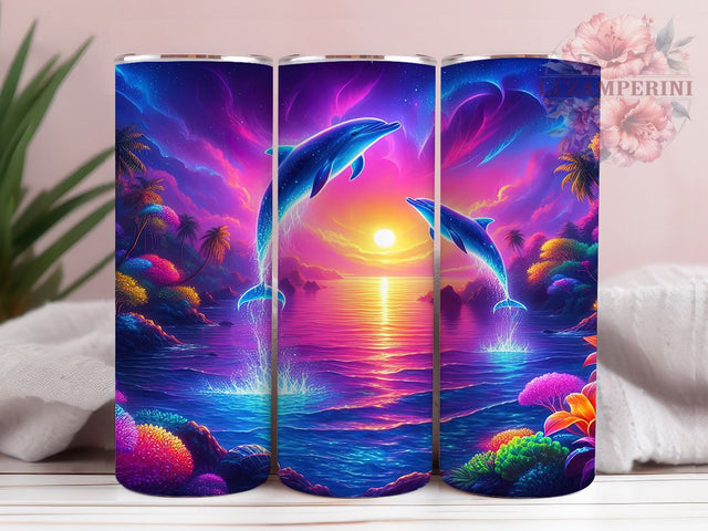 Neon Dolphin 20oz Tumbler Wrap, Ocean Glow Design, Vibrant Marine Life Mug, Colorful Sea Creature Cup, Underwater Fantasy Wrap, Tropical Dolphin Art, Sublimation Tumbler Wrap Sublimation Li Zamperini 