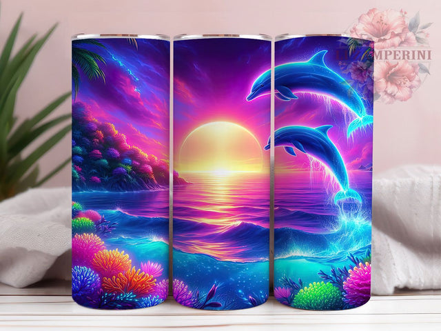 Neon Dolphin 20oz Tumbler Wrap, Ocean Glow Design, Vibrant Marine Life Mug, Colorful Sea Creature Cup, Underwater Fantasy Wrap, Tropical Dolphin Art, Sublimation Tumbler Wrap Sublimation Li Zamperini 