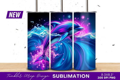 Neon Dolphin Leaping In Ocean Tumbler Png Sublimation Regulrcrative 
