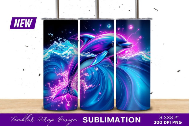 Neon Dolphin Leaping In Ocean Tumbler Png Sublimation Regulrcrative 